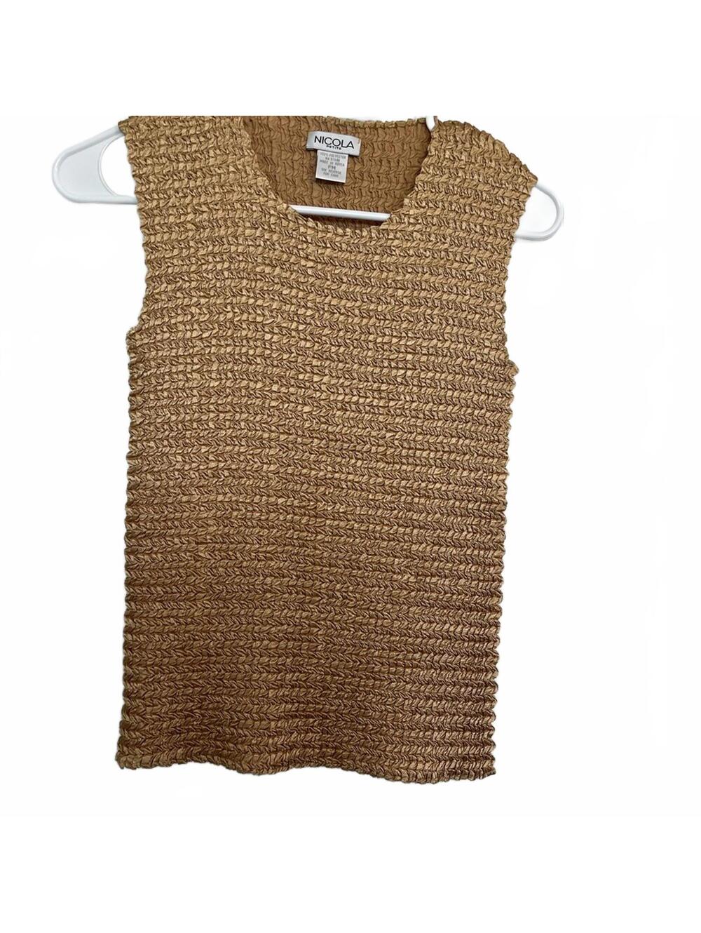 NICOLA Textured Tan Tank Top Sleeveless Neutral Crinkle Stretch Top